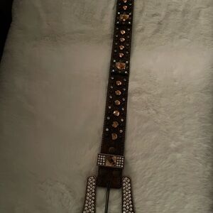 Brown Leather Belt with Brass Studs and Chains